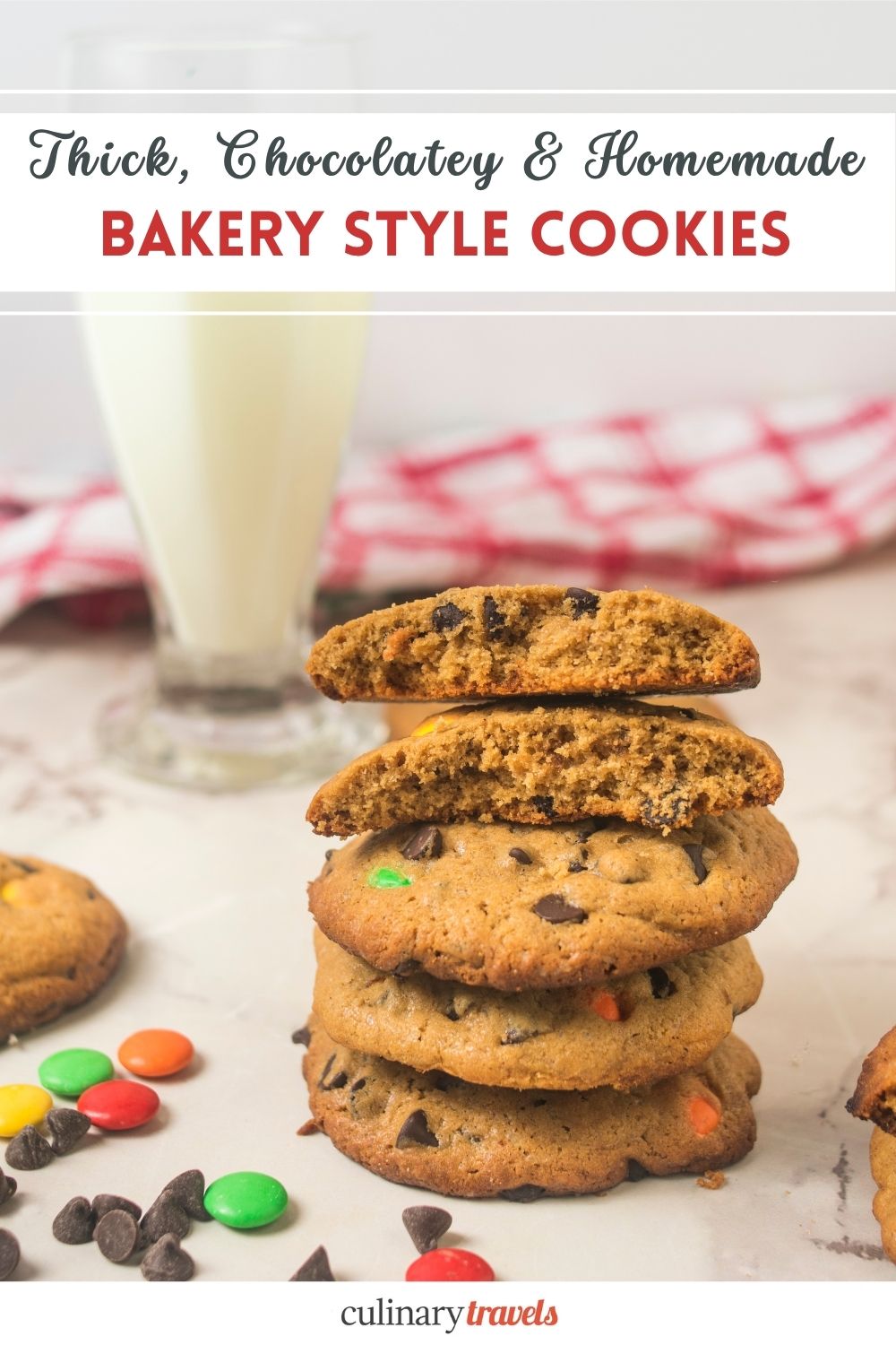 Pinterest graphic for bakery-style browned butter chocolate chip cookies with a stack of cookies and milk.
